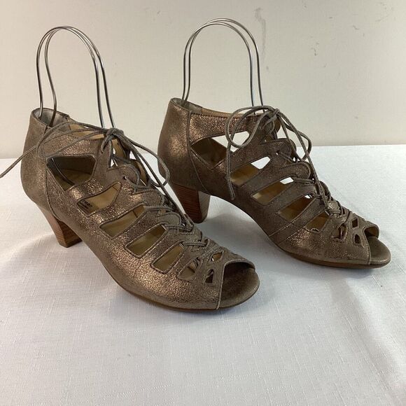 Paul Green Leather Metallic Lace-up Stacked heel Sandals Size 7 (38) - Picture 1 of 13